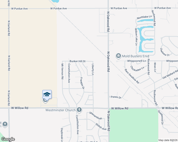 map of restaurants, bars, coffee shops, grocery stores, and more near 4005 Williamsburg in Enid