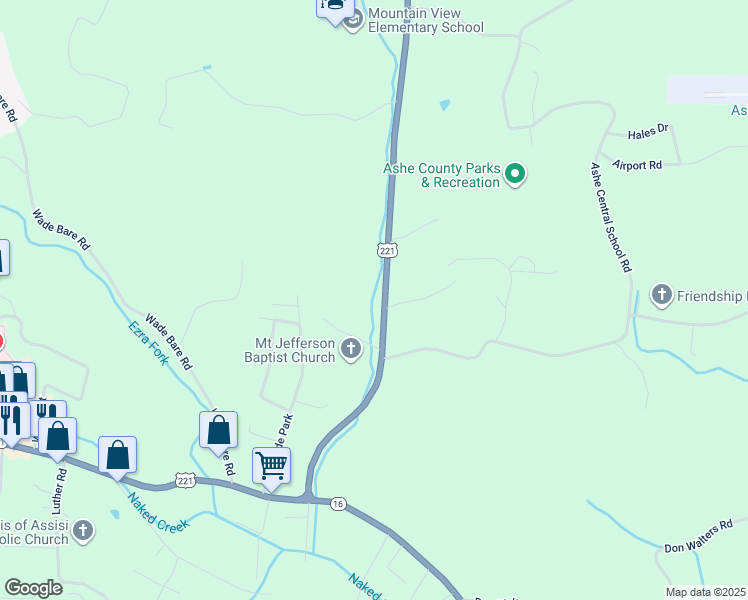map of restaurants, bars, coffee shops, grocery stores, and more near 1985 U.S. Highway 221 North in Jefferson
