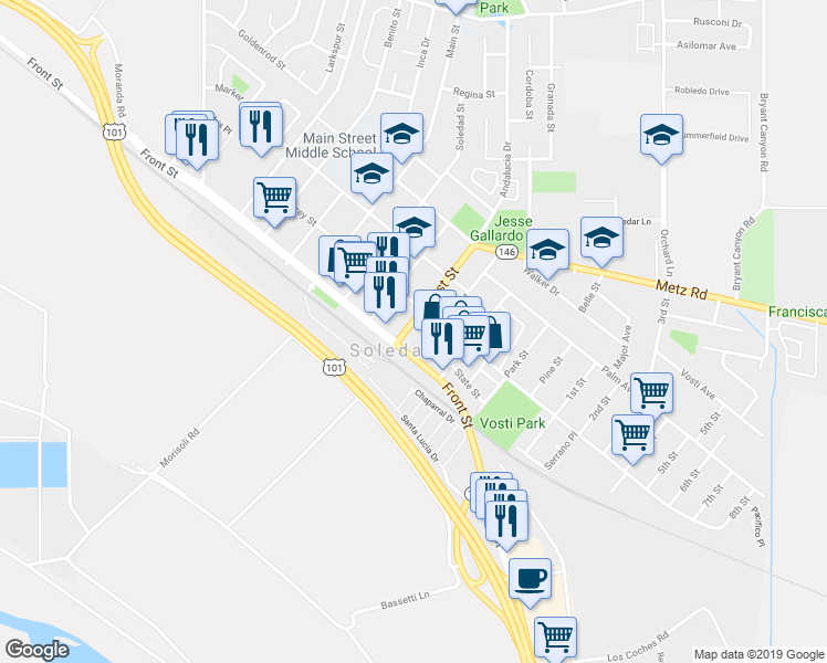 map of restaurants, bars, coffee shops, grocery stores, and more near 148 Kidder Street in Soledad