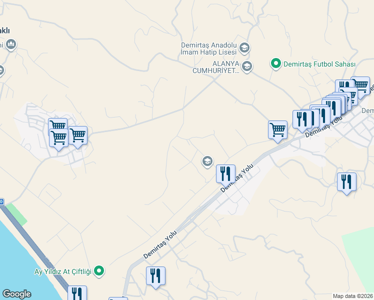 map of restaurants, bars, coffee shops, grocery stores, and more near 3F Mahallesi Köşk Sokak in Alanya