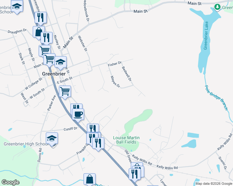 map of restaurants, bars, coffee shops, grocery stores, and more near 998 Mayes Drive in Greenbrier