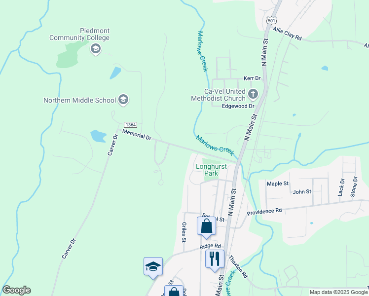 map of restaurants, bars, coffee shops, grocery stores, and more near Memorial Drive in Roxboro