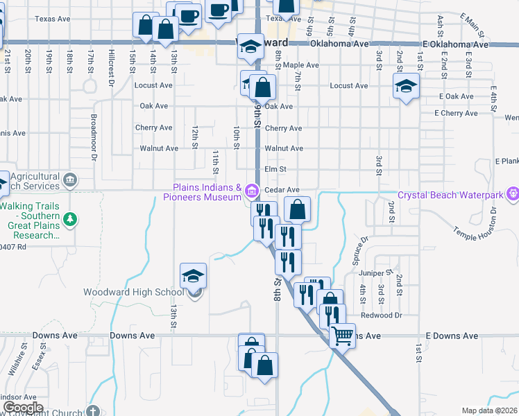 map of restaurants, bars, coffee shops, grocery stores, and more near in Woodward