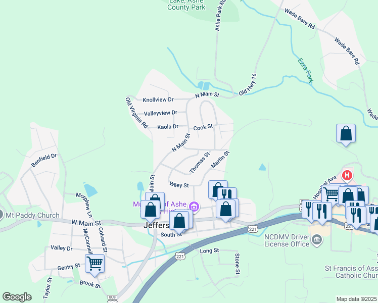 map of restaurants, bars, coffee shops, grocery stores, and more near 114 Martin Street in Jefferson