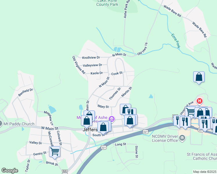 map of restaurants, bars, coffee shops, grocery stores, and more near 114 Martin Street in Jefferson