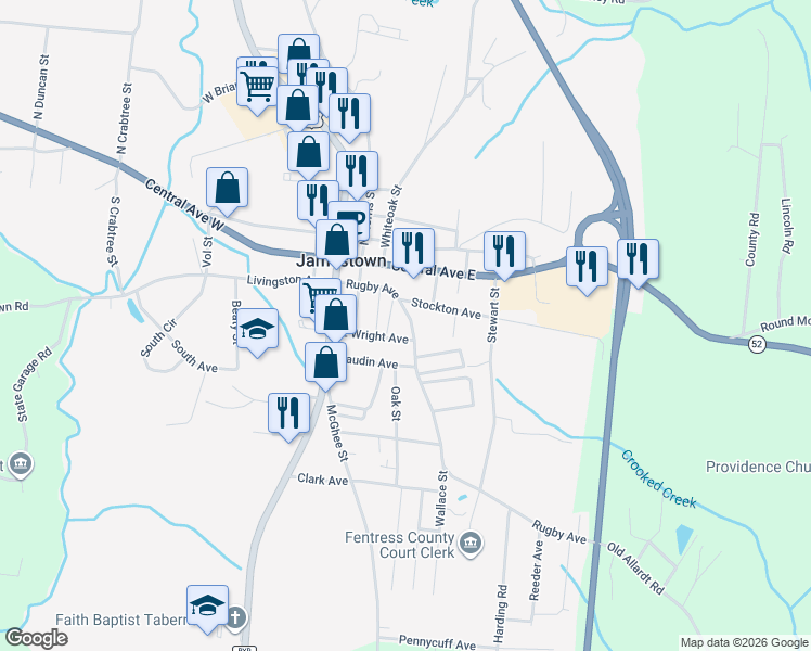 map of restaurants, bars, coffee shops, grocery stores, and more near 207 Halls Street in Jamestown