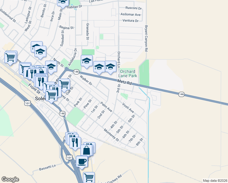 map of restaurants, bars, coffee shops, grocery stores, and more near 1360 Major Avenue in Soledad