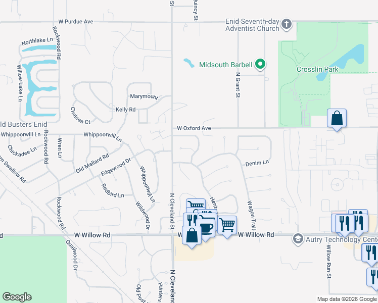 map of restaurants, bars, coffee shops, grocery stores, and more near 2312 Single Tree Lane in Enid