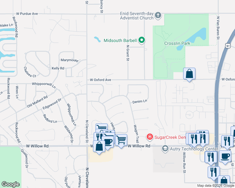 map of restaurants, bars, coffee shops, grocery stores, and more near 2909 Candlestick in Enid