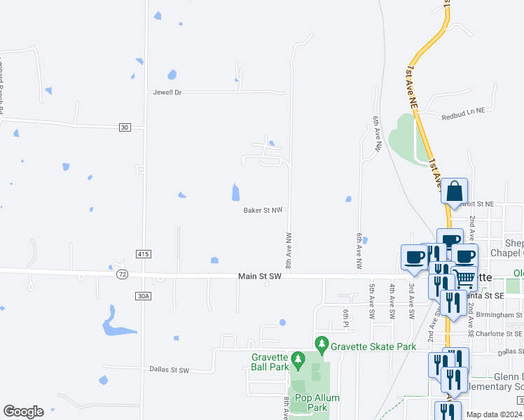 map of restaurants, bars, coffee shops, grocery stores, and more near 806 Baker Street Northwest in Gravette