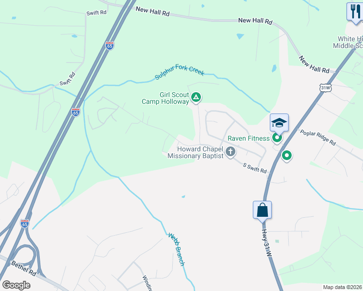 map of restaurants, bars, coffee shops, grocery stores, and more near 7553A South Swift Road in Goodlettsville