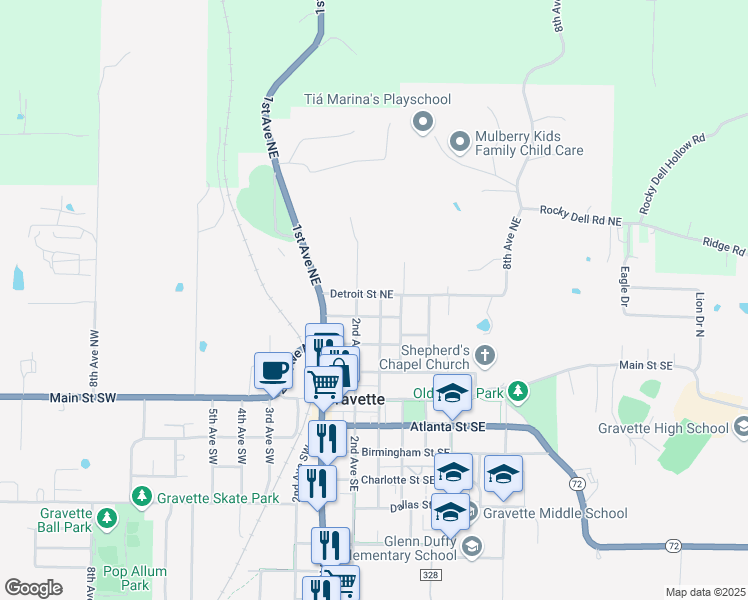 map of restaurants, bars, coffee shops, grocery stores, and more near 207 Detroit Street Northeast in Gravette