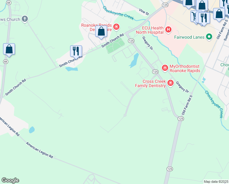 map of restaurants, bars, coffee shops, grocery stores, and more near 138 Winterberry Lane in Roanoke Rapids