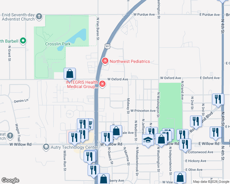 map of restaurants, bars, coffee shops, grocery stores, and more near 2822 Yucca Drive in Enid