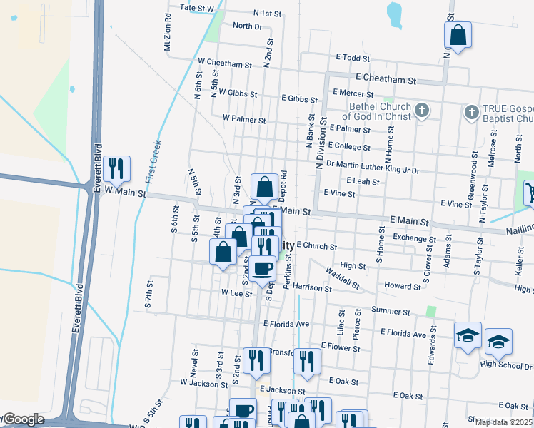 map of restaurants, bars, coffee shops, grocery stores, and more near 106 South 1st Street in Union City