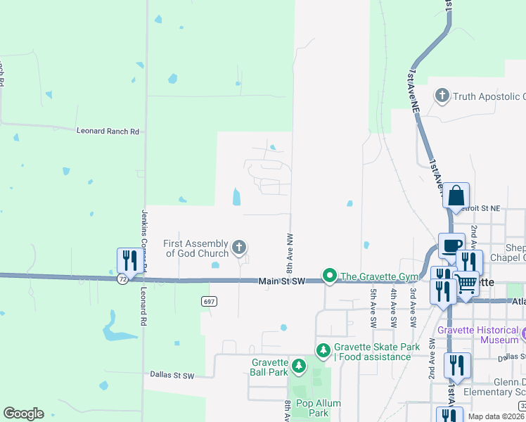 map of restaurants, bars, coffee shops, grocery stores, and more near 806 Baker Street Northwest in Gravette
