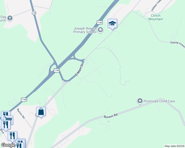 map of restaurants, bars, coffee shops, grocery stores, and more near 150 Lena Drive in Rogersville