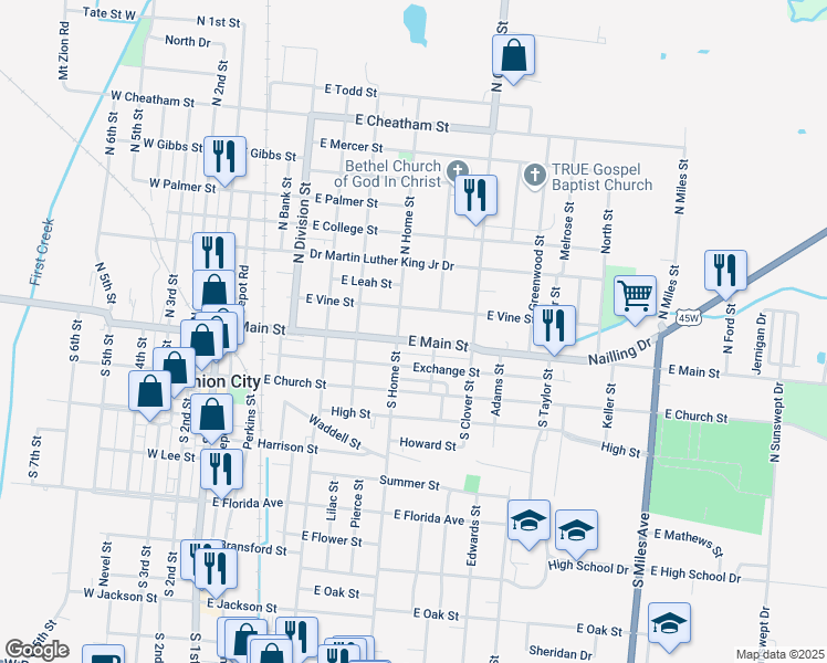 map of restaurants, bars, coffee shops, grocery stores, and more near 728 East Main Street in Union City