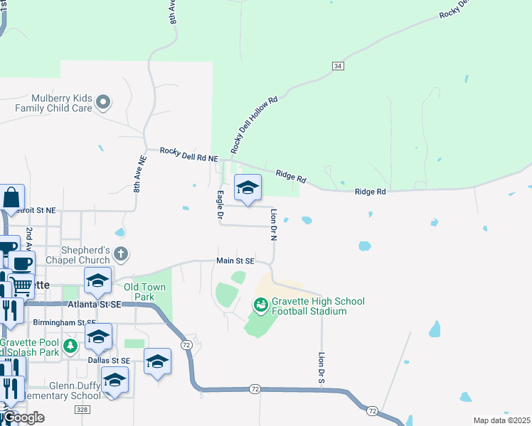 map of restaurants, bars, coffee shops, grocery stores, and more near 206 Lion Drive North in Gravette