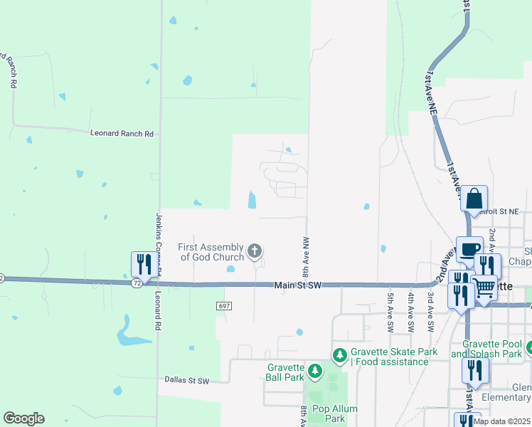 map of restaurants, bars, coffee shops, grocery stores, and more near 830 Baker Street Northwest in Gravette
