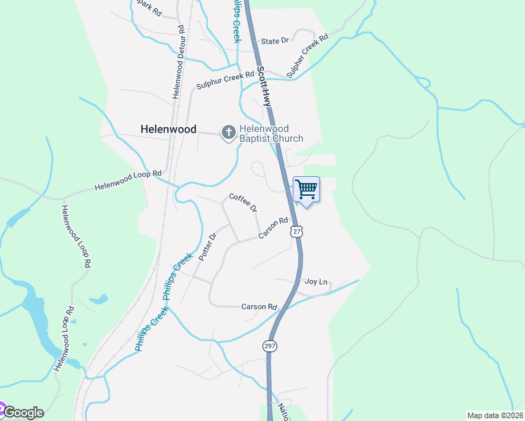 map of restaurants, bars, coffee shops, grocery stores, and more near 206 Coffee Drive in Helenwood