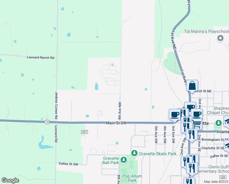 map of restaurants, bars, coffee shops, grocery stores, and more near 806 Baker Street Northwest in Gravette