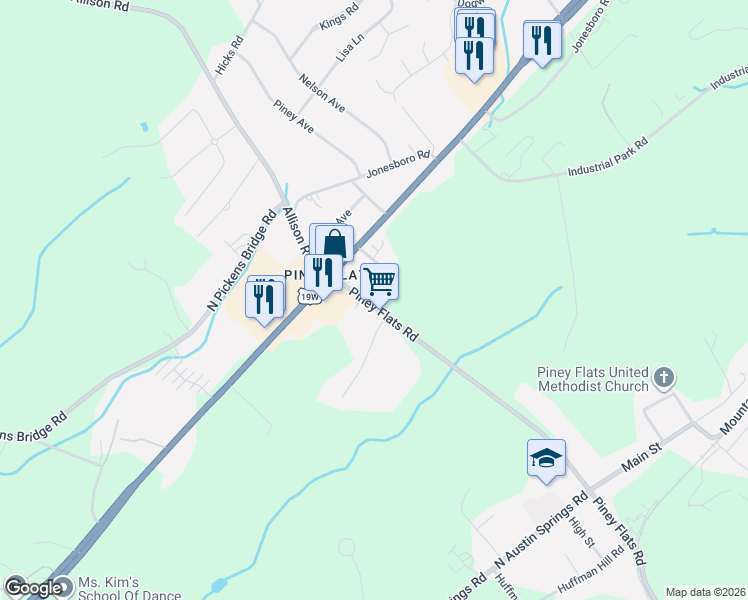map of restaurants, bars, coffee shops, grocery stores, and more near 139 Piney Flats Road in Piney Flats