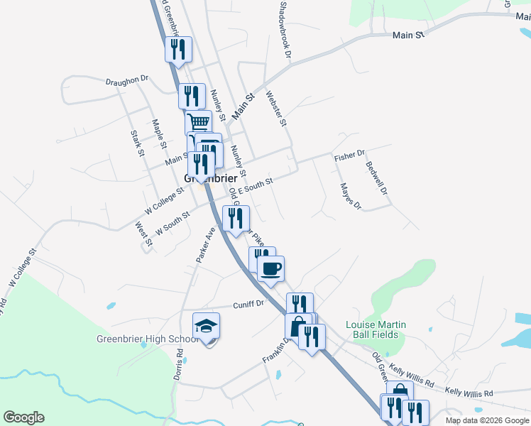map of restaurants, bars, coffee shops, grocery stores, and more near 2777 Nunley Street in Greenbrier
