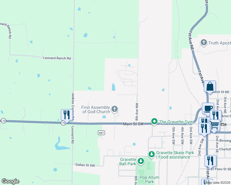 map of restaurants, bars, coffee shops, grocery stores, and more near 830 Baker Street Northwest in Gravette