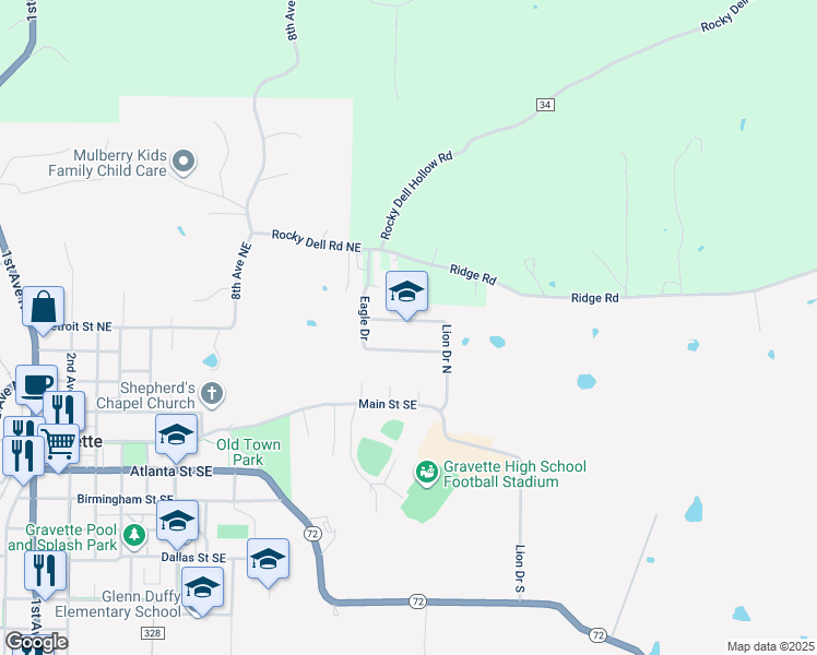 map of restaurants, bars, coffee shops, grocery stores, and more near 325 Lion Drive North in Gravette