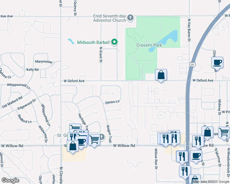 map of restaurants, bars, coffee shops, grocery stores, and more near 1702 Buckboard Lane in Enid