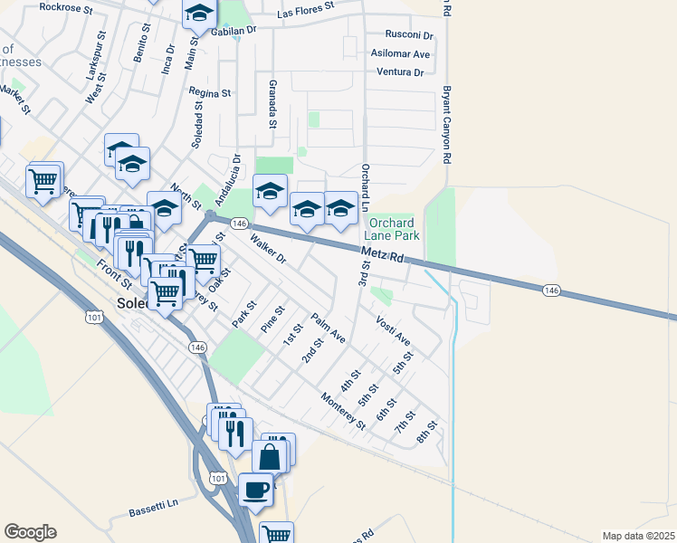 map of restaurants, bars, coffee shops, grocery stores, and more near 1360 Major Avenue in Soledad