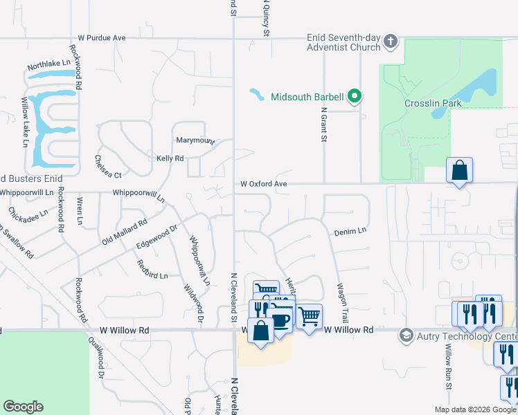 map of restaurants, bars, coffee shops, grocery stores, and more near 2312 Single Tree Lane in Enid