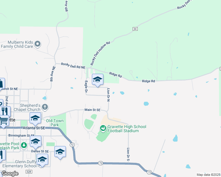map of restaurants, bars, coffee shops, grocery stores, and more near 206 Lion Drive North in Gravette