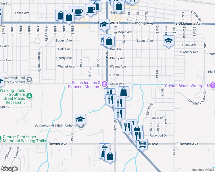 map of restaurants, bars, coffee shops, grocery stores, and more near in Woodward