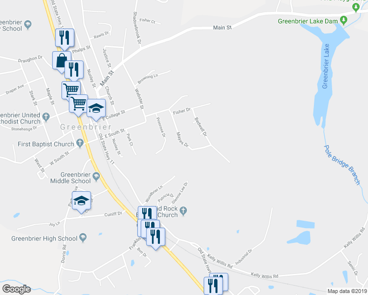 map of restaurants, bars, coffee shops, grocery stores, and more near 998 Mayes Drive in Greenbrier