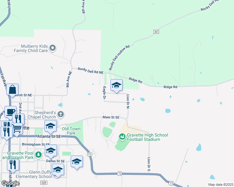 map of restaurants, bars, coffee shops, grocery stores, and more near 325 Lion Drive North in Gravette