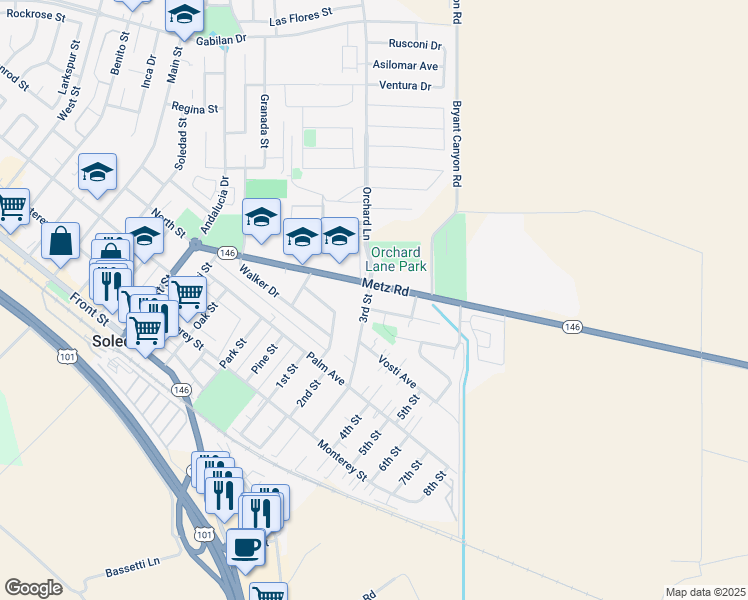 map of restaurants, bars, coffee shops, grocery stores, and more near 480 3rd Street in Soledad