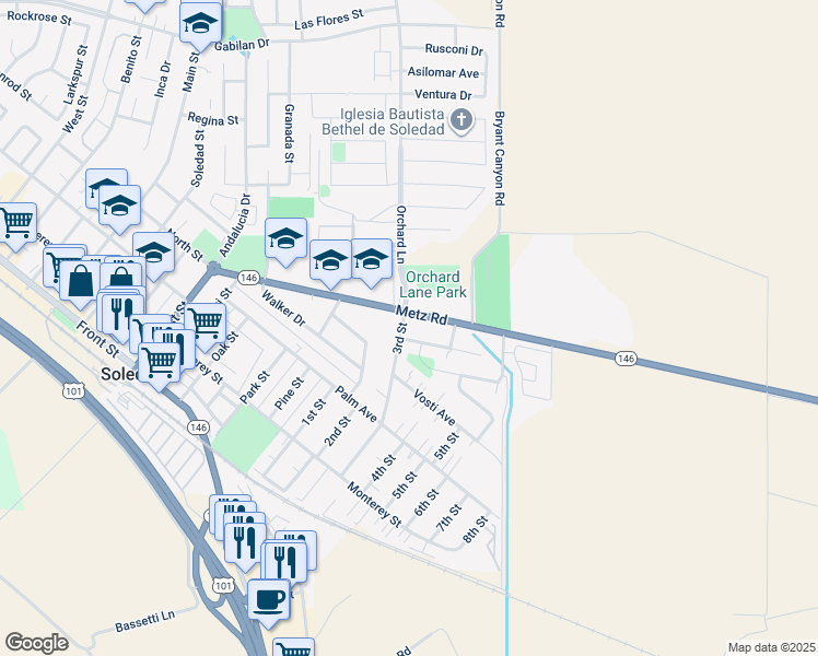 map of restaurants, bars, coffee shops, grocery stores, and more near 480 3rd Street in Soledad
