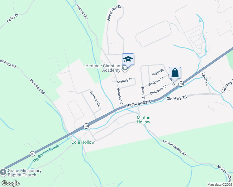 map of restaurants, bars, coffee shops, grocery stores, and more near 157 Harmon Rd in New Tazewell