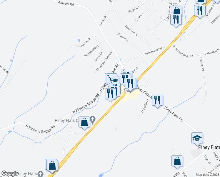 map of restaurants, bars, coffee shops, grocery stores, and more near 231 North Pickens Bridge Road in Piney Flats