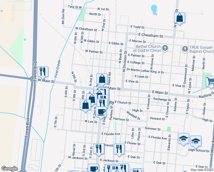 map of restaurants, bars, coffee shops, grocery stores, and more near 120 East Main Street in Union City
