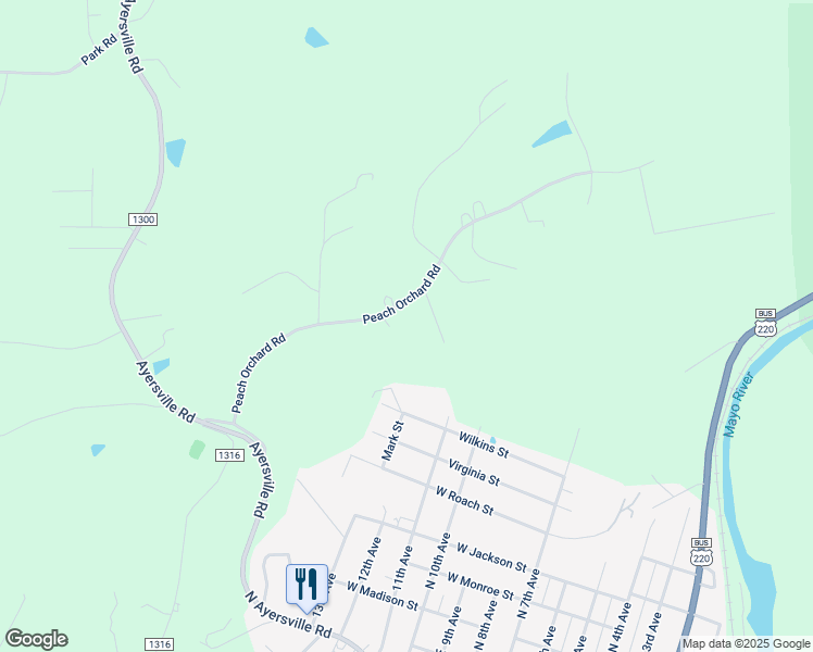 map of restaurants, bars, coffee shops, grocery stores, and more near 367 Peach Orchard Road in Mayodan