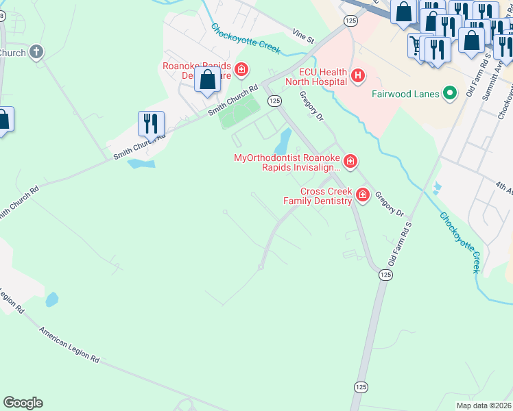 map of restaurants, bars, coffee shops, grocery stores, and more near 63 Appleberry Court in Roanoke Rapids