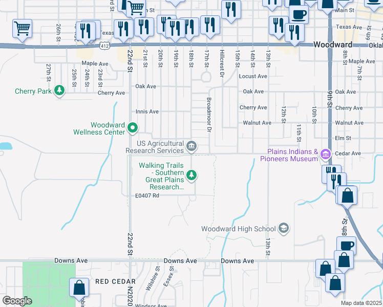 map of restaurants, bars, coffee shops, grocery stores, and more near 2000 18th Street in Woodward