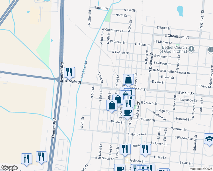 map of restaurants, bars, coffee shops, grocery stores, and more near 415 West Main Street in Union City