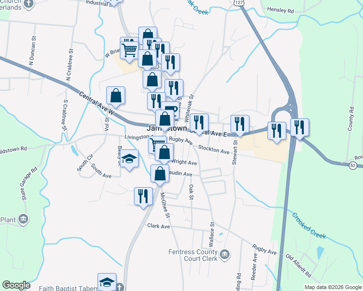 map of restaurants, bars, coffee shops, grocery stores, and more near 207 Halls Street in Jamestown