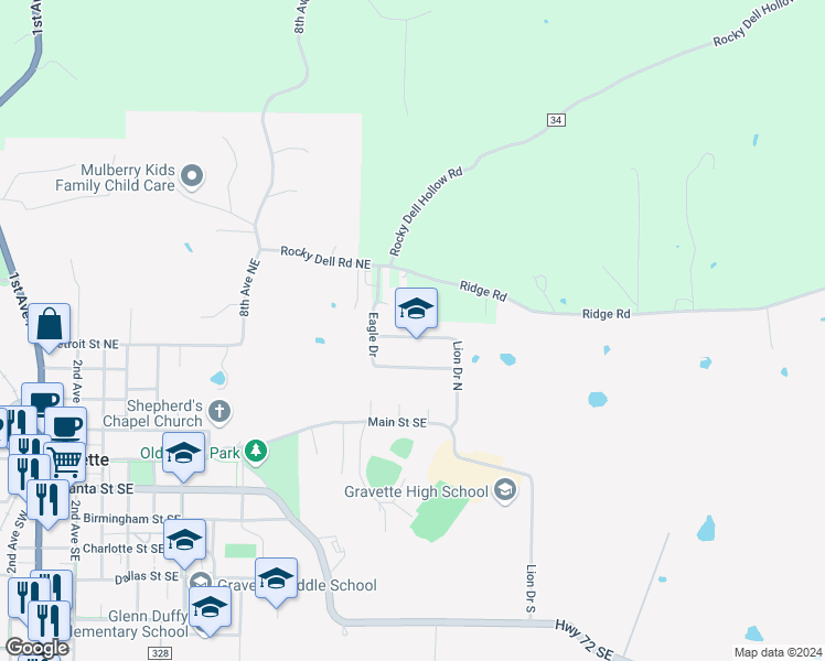 map of restaurants, bars, coffee shops, grocery stores, and more near 400 Lion Drive North in Gravette