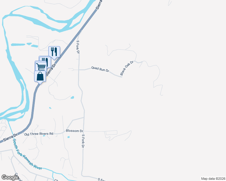 map of restaurants, bars, coffee shops, grocery stores, and more near 42065 Quail Run Drive in Three Rivers