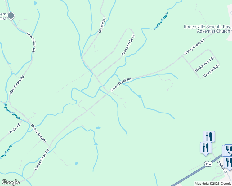 map of restaurants, bars, coffee shops, grocery stores, and more near 494 Caney Creek Road in Rogersville